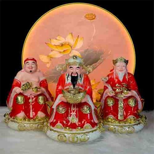 Tượng Thần Tài Thổ Địa Cao Cấp Đá Đỏ Đế Tròn Bộ 3 Ông T058