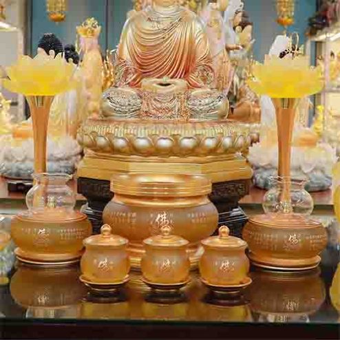 Bộ Đồ Thờ Lưu Ly Tâm Kinh Hoa Sen Chữ Phật Khắc Chìm BDT019