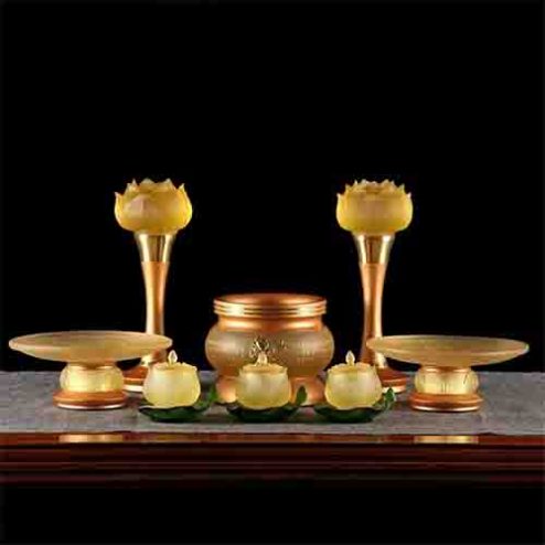 Bộ Đồ Thờ Lưu Ly Tâm Kinh Quan Âm Đế Lá Sen Xanh BDT025