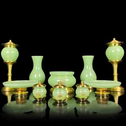 Bộ Đồ Thờ Phật Đá Lưu Ly Xanh Ngọc Hoa Sen Chữ Phật BDT017