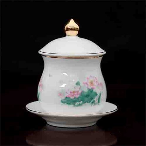 Choé Thờ Sứ Trắng Hoa Sen Hồng Lá Xanh DT281
