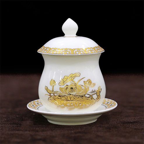 Chóe Thờ Sứ Trắng Hoa Sen Vàng DT244