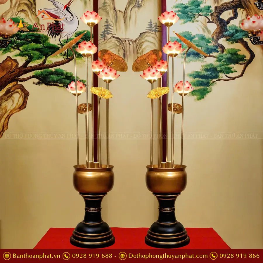Đèn thờ điện đồng thân trụ hoa sen DTD1322 An Phát