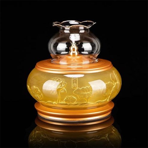 Đèn Thờ Dầu Hoa Sen Chìm Hà Vận Lưu Ly Đế Đồng Vàng DT356