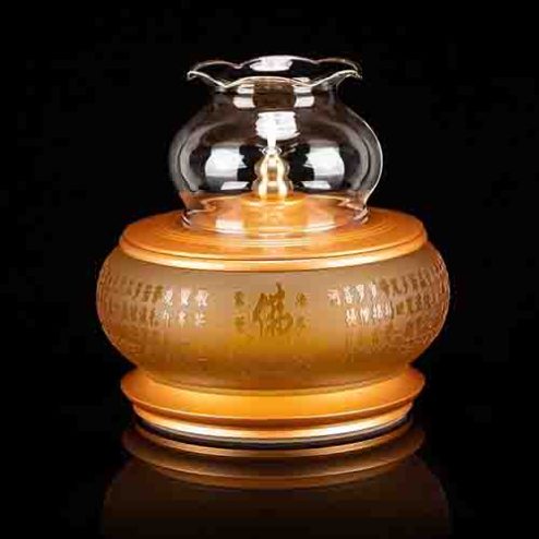 Đèn Thờ Dầu Lưu Ly Tâm Kinh Hoa Sen Chữ Phật Nổi DT305