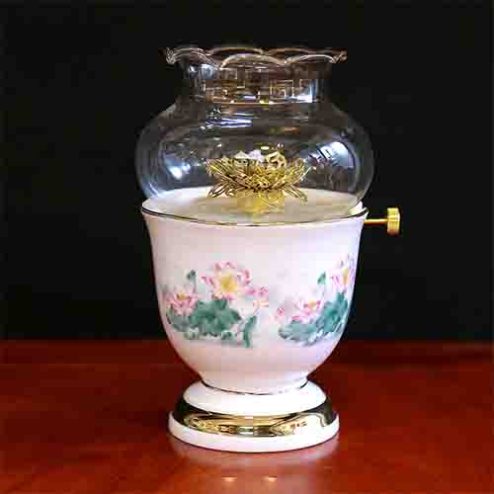 Đèn Thờ Dầu Sứ Trắng Hoa Sen Hồng Lá Xanh DT284