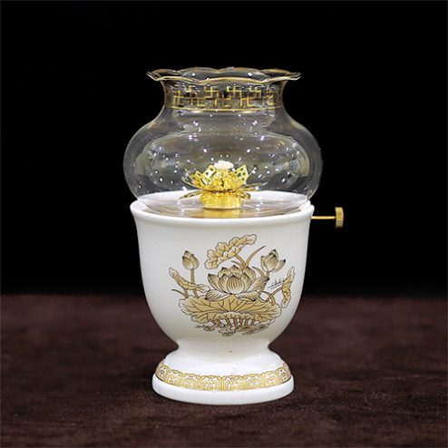 Đèn Thờ Dầu Sứ Trắng Hoa Sen Vàng DT247