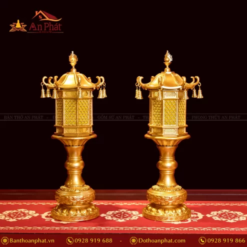 Đèn thờ điện đồng họa tiết lá bồ đề mái chùa DTD1343 An Phát