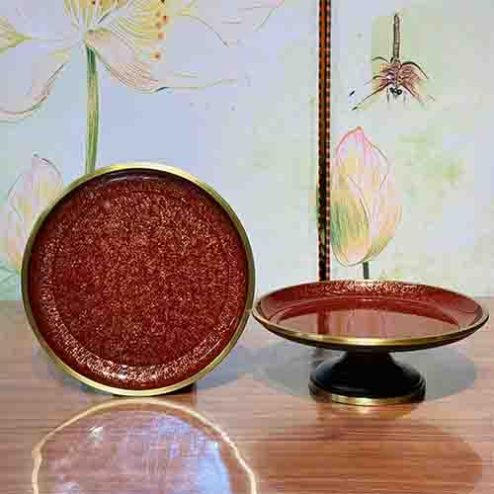 Mâm Bồng Đồng Vân Đá Đỏ DT268