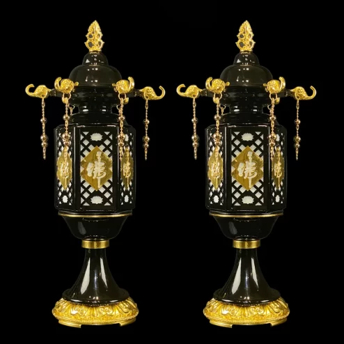 Đèn thờ điện cầu đồng thân đen có phướn DTD1409 An Phát