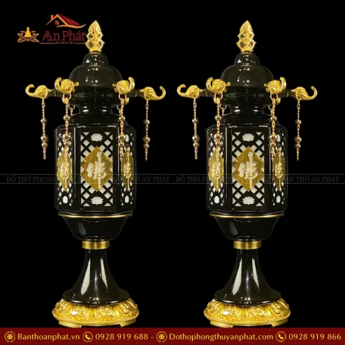 Đèn thờ điện cầu đồng thân đen có phướn DTD1409 An Phát