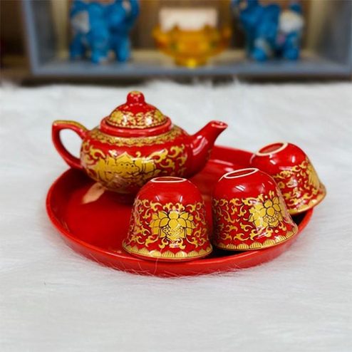 Bộ Ấm Chén Sứ Gấm Đỏ Hoa Sen DT617