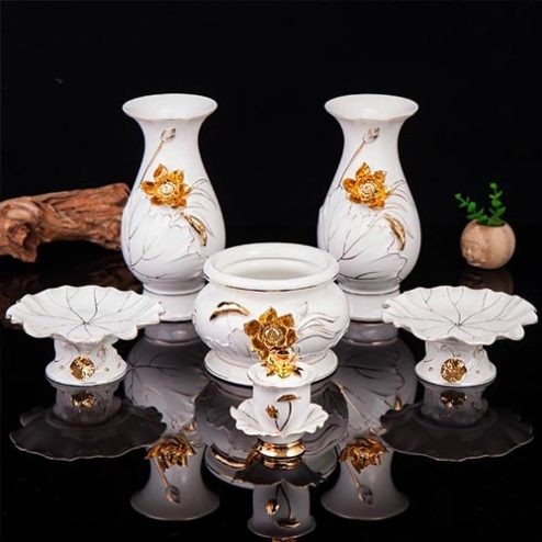 Bộ Đồ Thờ Cao Cấp Sứ Bạch Ngọc Kim Sen Vàng BDT086