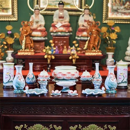 Bộ Đồ Thờ Gốm Vàng Đế Sen Hồng Nhập Khẩu BDT066