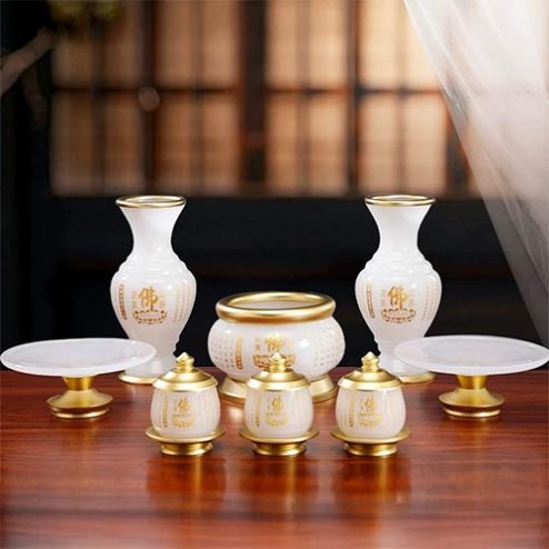 Bộ Đồ Thờ Ngọc Trắng Bọc Đồng Tâm Kinh Cao Cấp DT095