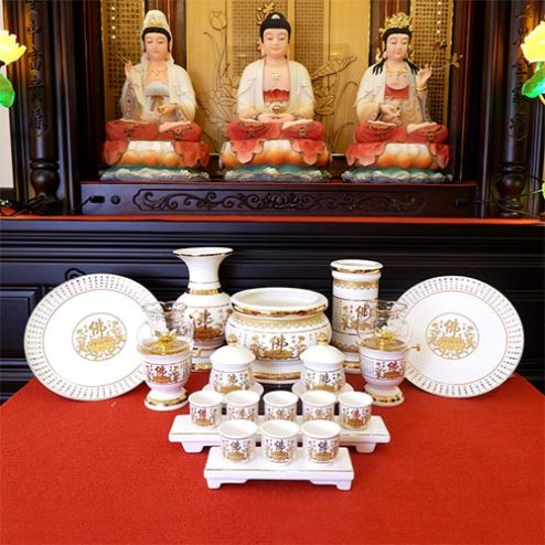Bộ Đồ Thờ Nhập Khẩu Sứ Tâm Kinh Trắng Cao Cấp BDT074