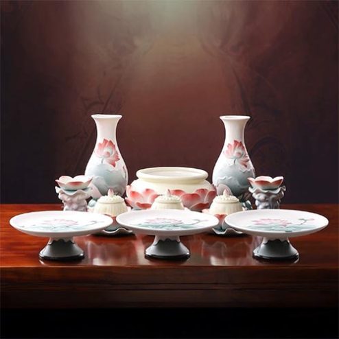 Bộ Đồ Thờ Phật Gốm Vàng Đế Sen Hồng Cao Cấp BDT067