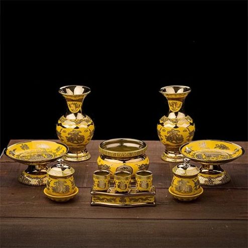 Bộ Đồ Thờ Sứ Kim Xa Vàng Nhập Khẩu BDT098