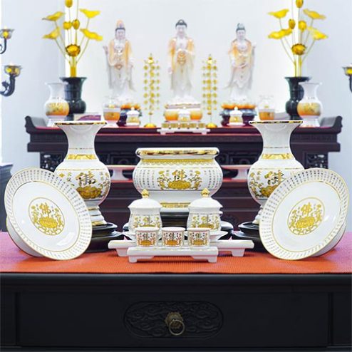 Bộ Đồ Thờ Sứ Tâm Kinh Trắng Cao Cấp BDT073