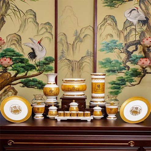 Bộ Đồ Thờ Sứ Tâm Kinh Vàng Nhập Khẩu BDT078