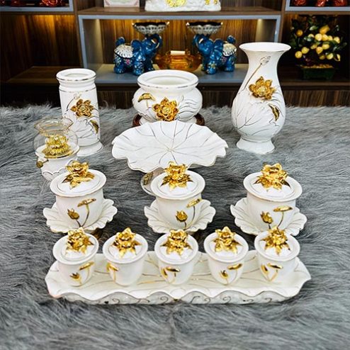Bộ Đồ Thờ Thần Tài Sứ Bạch Ngọc Kim Sen Vàng Nổi BDT087