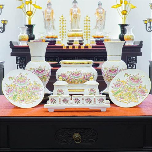 Bộ Đồ Thờ Thần Tài Sứ Sen Tam Bảo Trắng BDT076