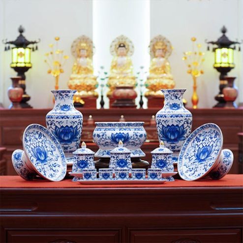 Bộ Đồ Thờ Thần Tài Sứ Trắng Sen Xanh Cao Cấp BDT062
