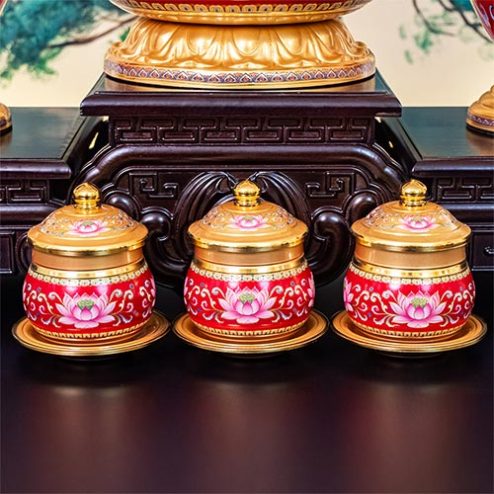 Chén Nước Thờ Hợp Kim Gấm Hoa Sen Đỏ Cao Cấp DT391