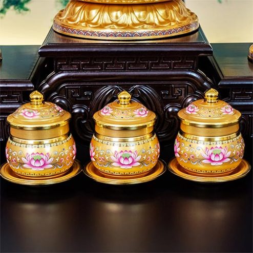 Chén Nước Thờ Hợp Kim Gấm Hoa Sen Vàng DT383