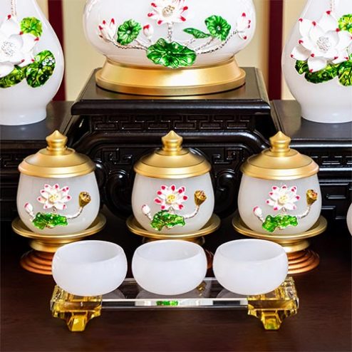 Chén Nước Thờ Ngọc Trắng Hoa Sen Nổi Cao Cấp DT514