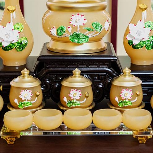 Chén Nước Thờ Ngọc Vàng Hoa Sen Nổi Cao Cấp DT509