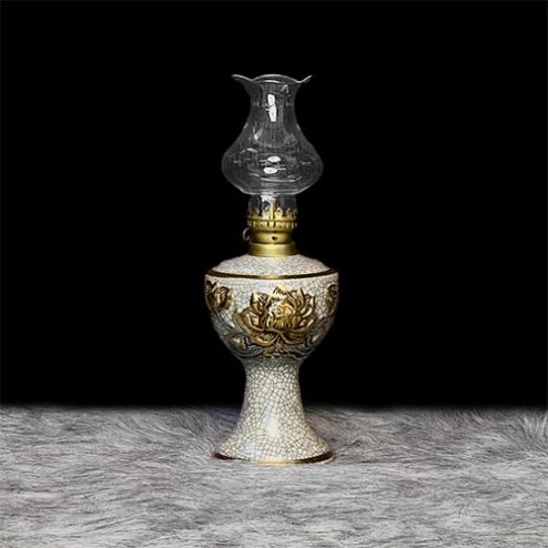 Đèn Dầu Thờ Bát Tràng Men Rạn Hoa Sen Vẽ Vàng DT641