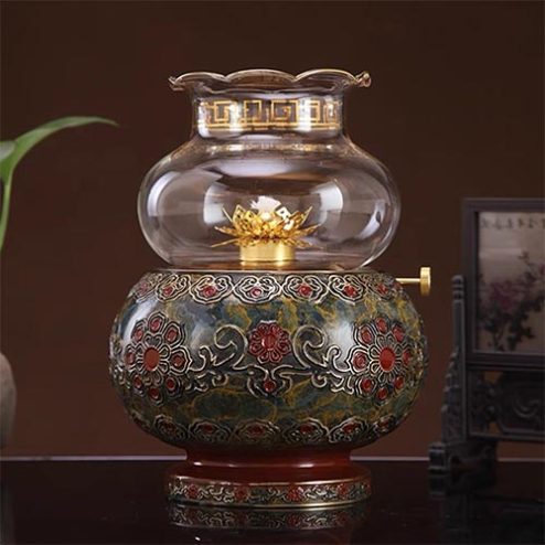 Đèn Dầu Thờ Đồng Hoa Văn Chạm Nổi Hoa Sen DT448