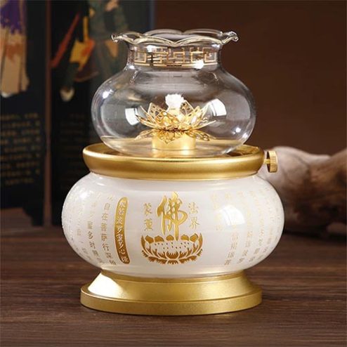 Đèn Dầu Thờ Ngọc Trắng Tâm Kinh Bọc Đồng Cao Cấp DT582