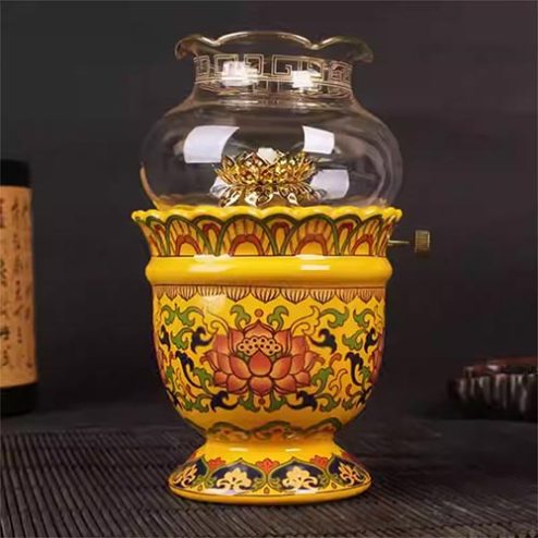 Đèn Dầu Thờ Sứ Gấm Vàng Hoa Sen DT608