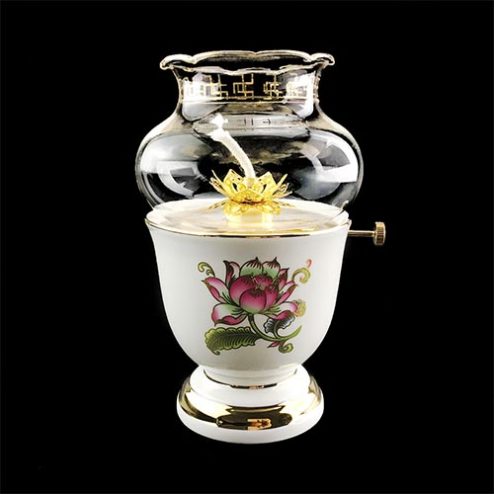 Đèn Dầu Thờ Sứ Sen Tam Bảo Trắng Nhập Khẩu DT497