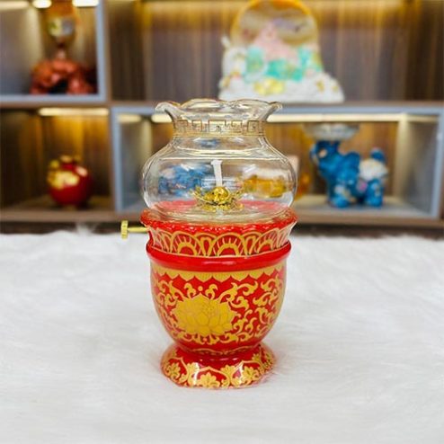 Đèn Thờ Dầu Sứ Gấm Đỏ Hoa Sen DT616