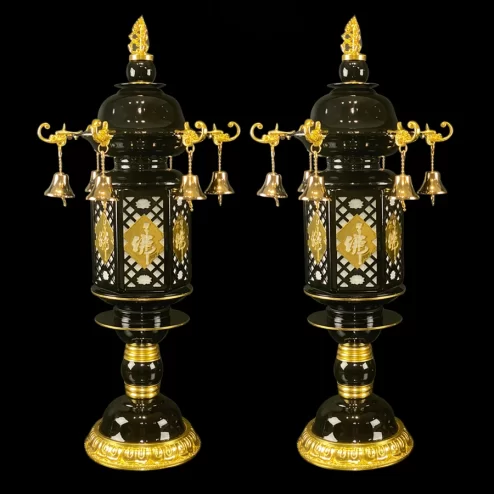 Đèn thờ điện cầu đồng thân đen có phướn chuông DTD1408 An Phát