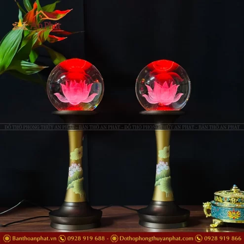 Đèn thờ hoa sen pha lê thân đồng