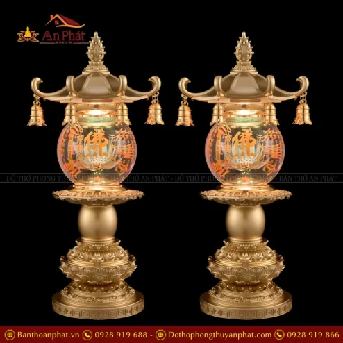 Đèn thờ điện đồng cao cấp hình cầu pha lê Hoa sen chữ Phật