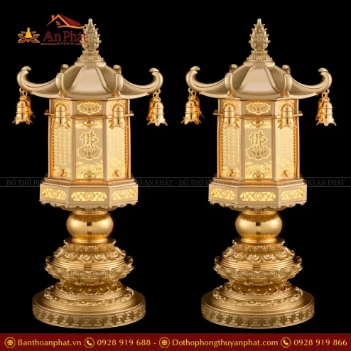 Đèn thờ điện đồng đa diện hình chữ nhật họa tiết Hoa sen chữ Lộc DTD1428 An Phát