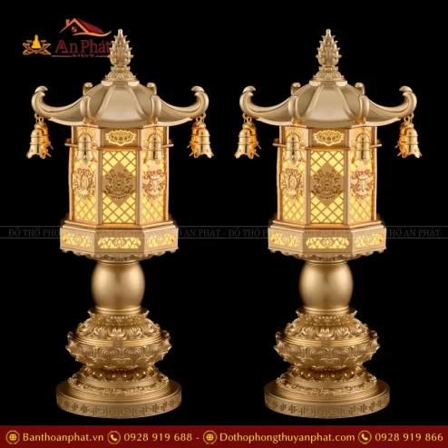 Đèn thờ điện đồng lục giác nhiều họa tiết