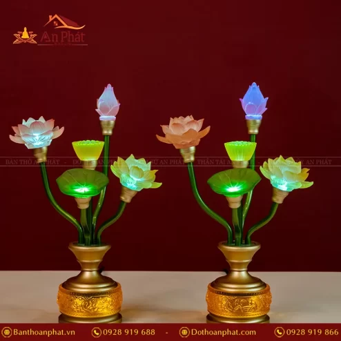 Đèn thờ hoa sen lưu ly bằng điện cao cấp