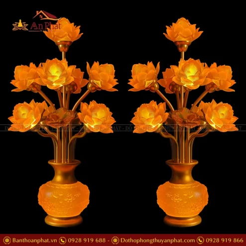 Đèn thờ điện hoa sen thịnh thế 9 bông có lá sen