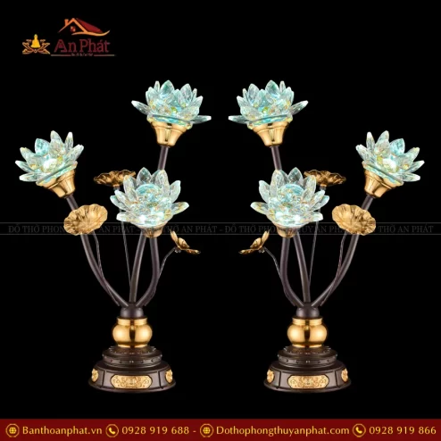 Đèn thờ điện hoa sen xưởng YXG loại 3 bông màu xanh
