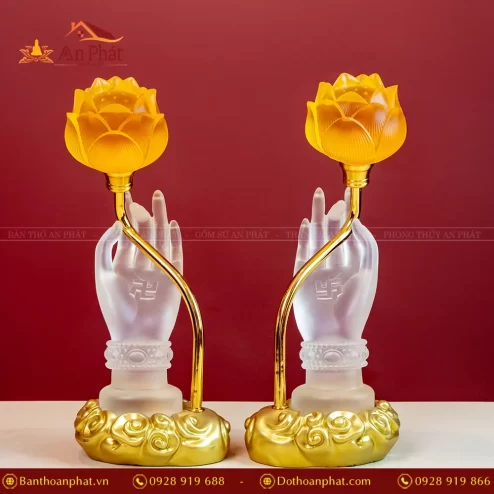 Đèn thờ điện lưu ly bàn tay Phật DTD1371 màu trắng trong
