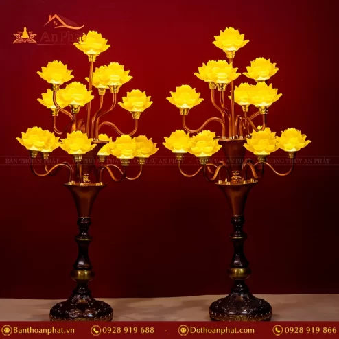 Đèn thờ điện lưu ly 9 bông thân hợp kim - Màu vàng DTD1372 An Phát