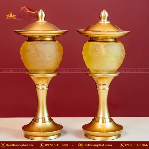 Đèn thờ điện lưu ly tròn 1 cầu có mái trụ hợp kim - Màu vàng DTD1380 An Phát