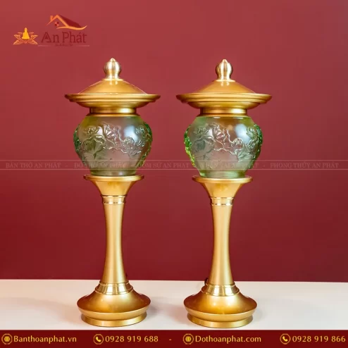 Đèn thờ điện lưu ly tròn 1 cầu có mái trụ hợp kim - Màu xanh DTD1380 An Phát