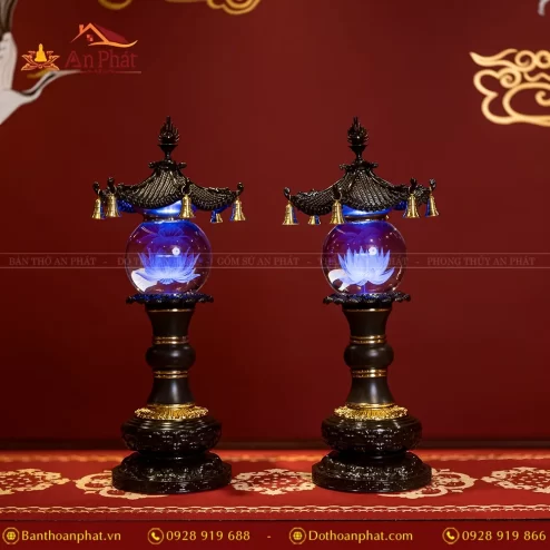 Đèn thờ điện pha lê tròn chữ Phật mái chùa nhập khẩu Đài Loan